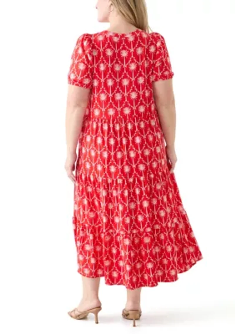 Plus Short Sleeve Baby Terry Tiered Printed Maxi Dress