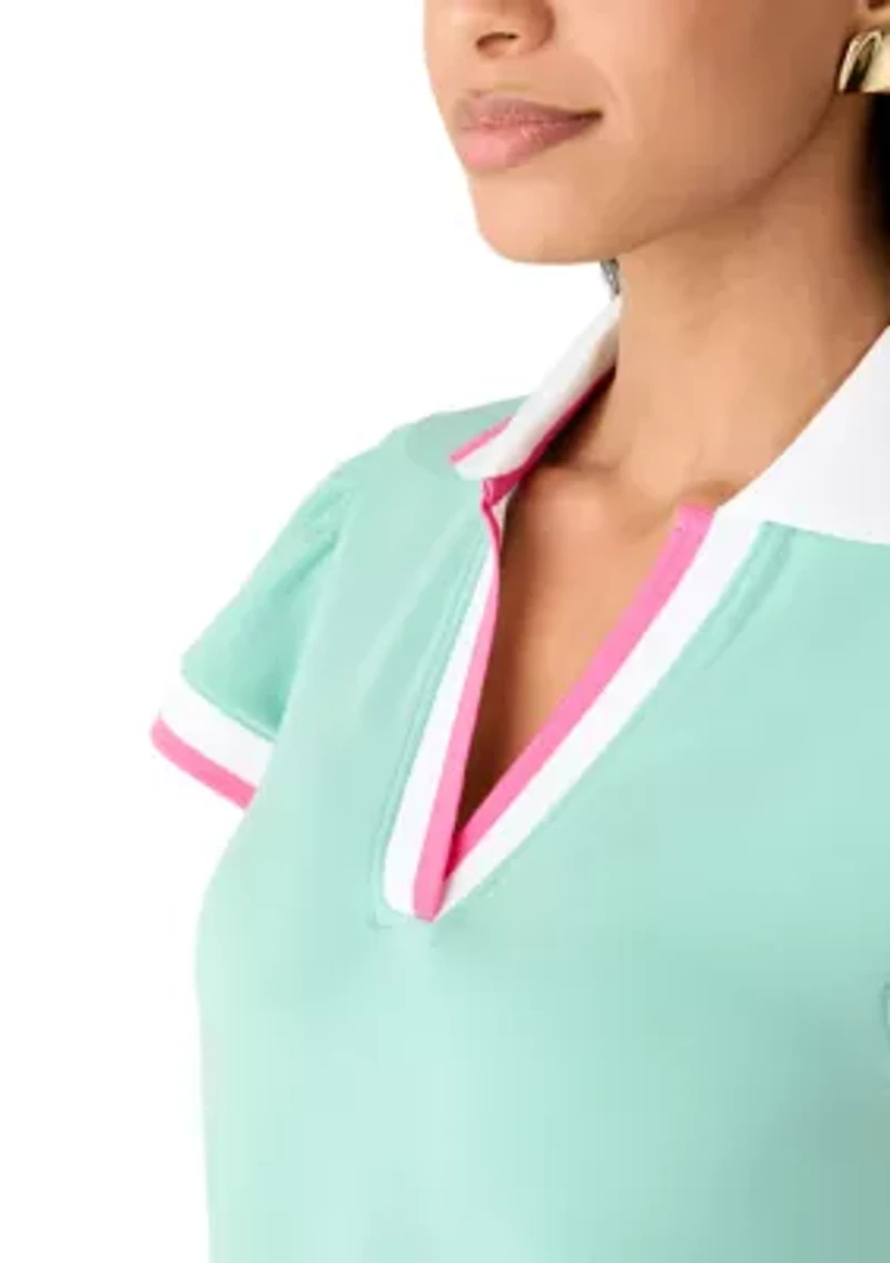 Women's Extended Short Sleeve Collared V-Neck Striped Mini Dress