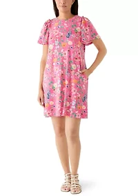 Women's Short Puff Sleeve Crew Neck Printed Mini Dress