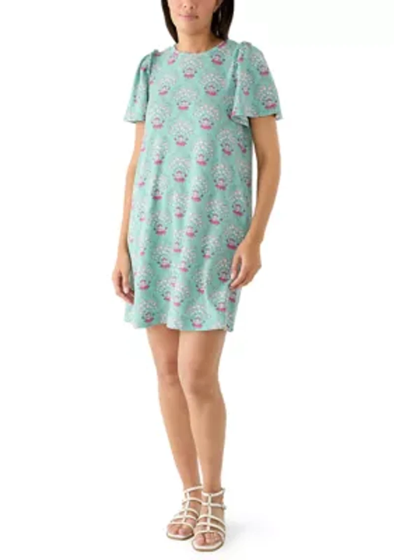 Women's Short Puff Sleeve Crew Neck Printed Mini Dress