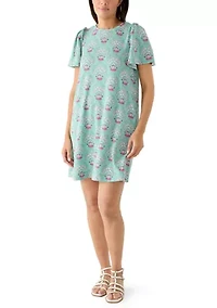 Women's Short Puff Sleeve Crew Neck Printed Mini Dress