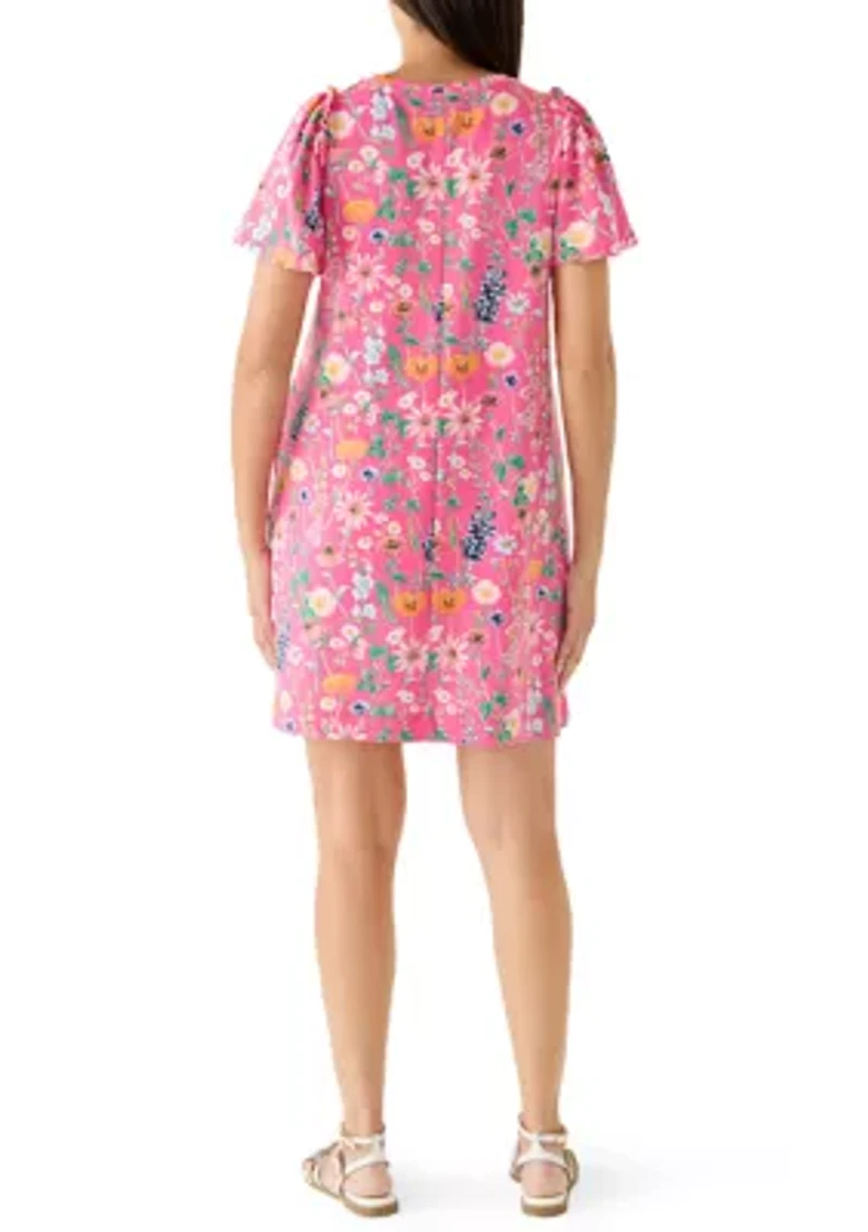 Women's Short Puff Sleeve Crew Neck Printed Mini Dress