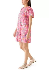 Women's Short Puff Sleeve Crew Neck Printed Mini Dress