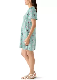 Women's Short Puff Sleeve Crew Neck Printed Mini Dress