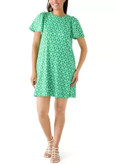 Women's Short Puff Sleeve Crew Neck Printed Mini Dress