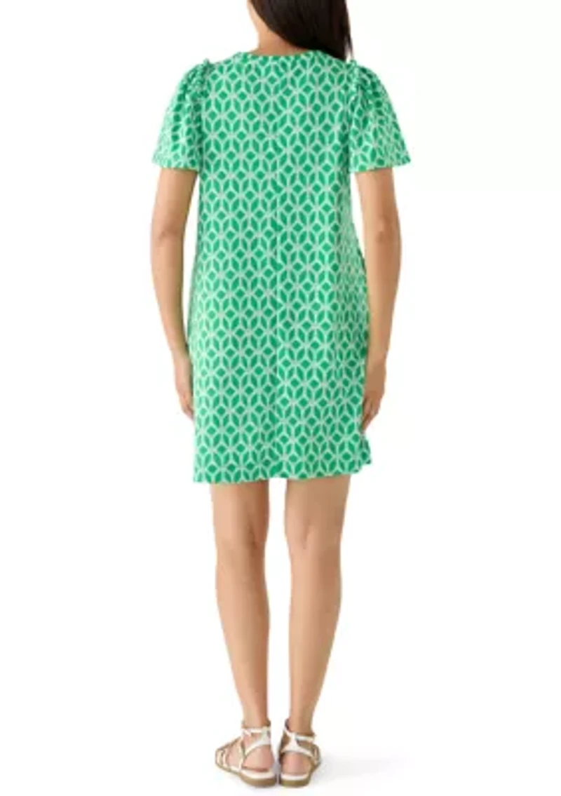 Women's Short Puff Sleeve Crew Neck Printed Mini Dress