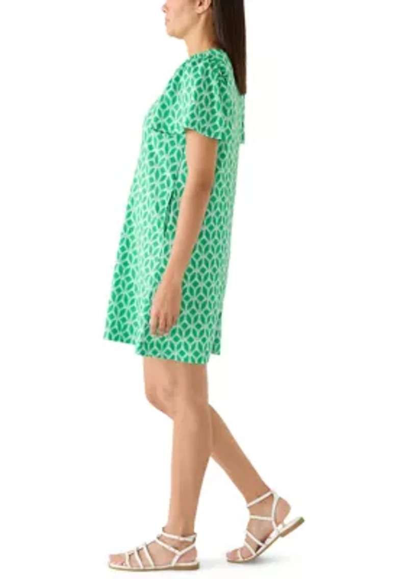 Women's Short Puff Sleeve Crew Neck Printed Mini Dress