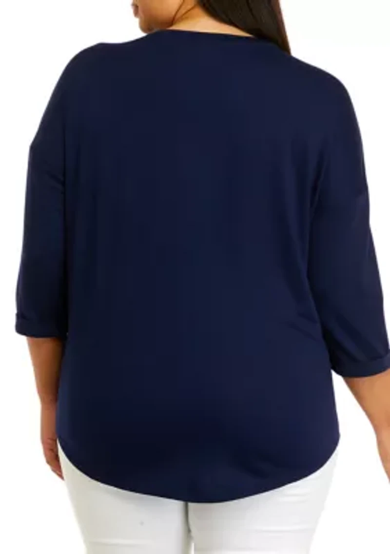 Plus 3/4 Sleeve Round Hem T-Shirt