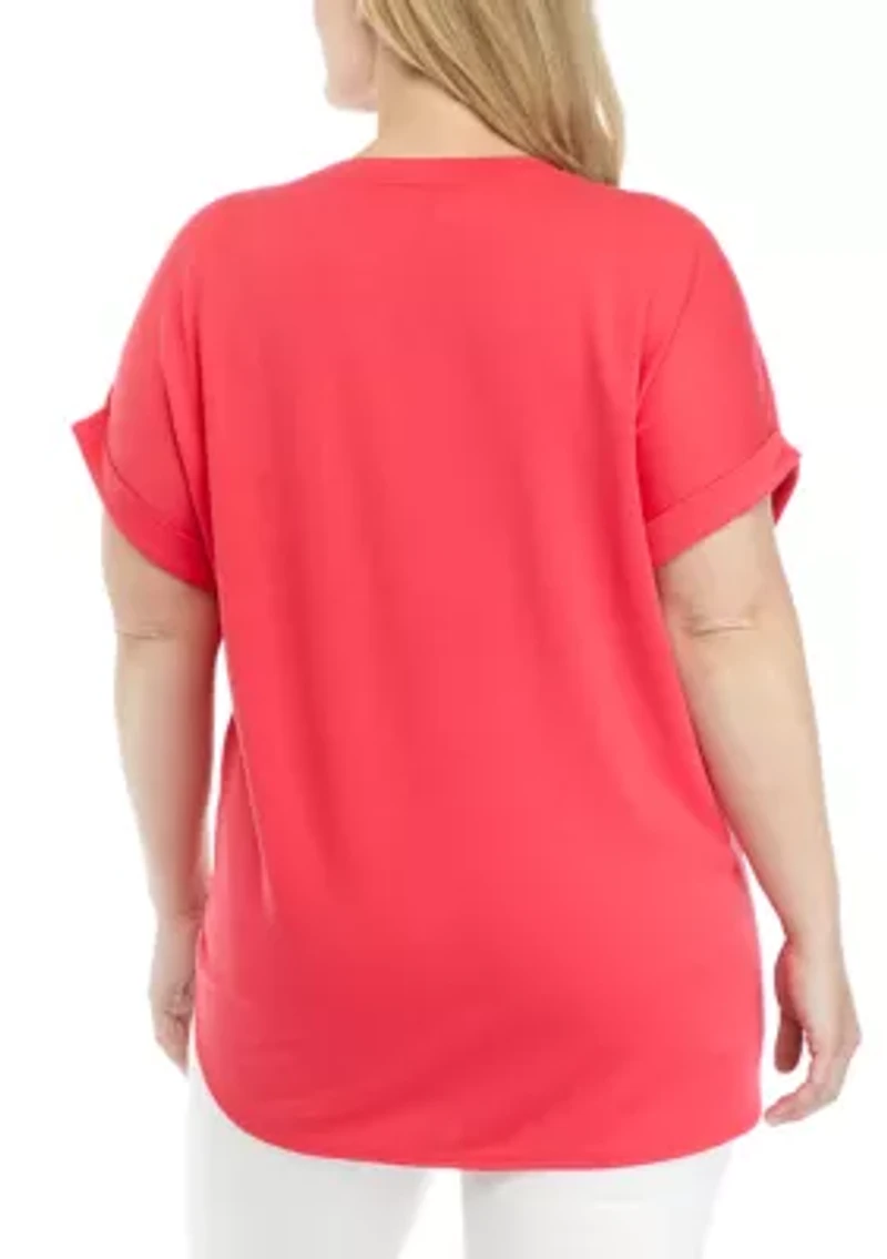 Plus Cuff Short Sleeve Smile Hem Shirt