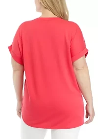 Plus Cuff Short Sleeve Smile Hem Shirt