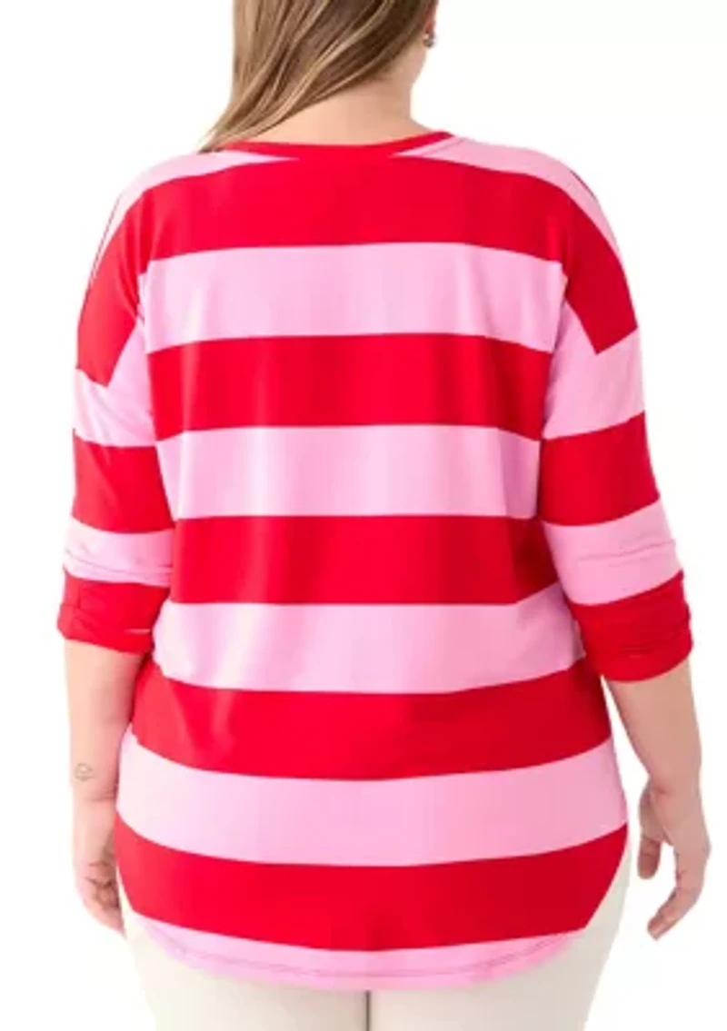 Plus 3/4 Sleeve Baby Terry Yarn Dyed Stripe Top
