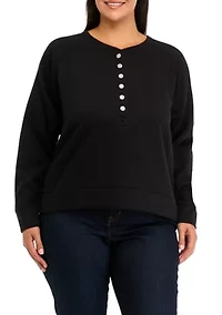 Plus Long Sleeve Jewel Button Henley Top