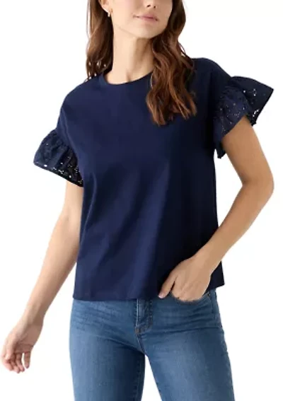 Women's Short Sleeve Eyelet Ruffle Top