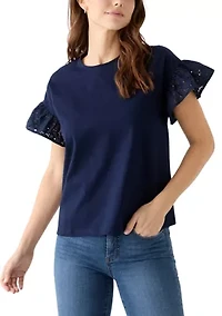 Women's Short Sleeve Eyelet Ruffle Top