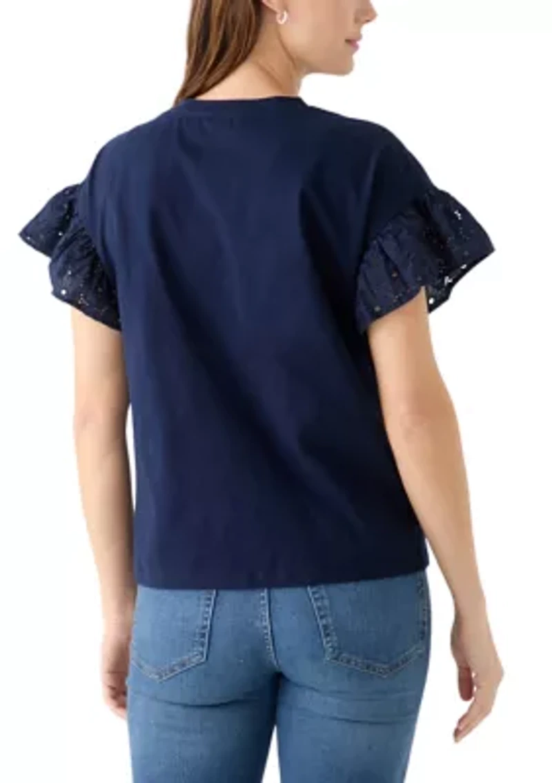 Women's Short Sleeve Eyelet Ruffle Top
