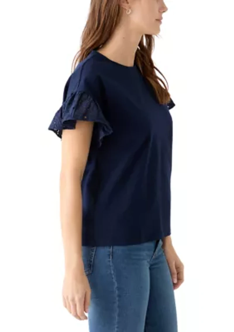 Women's Short Sleeve Eyelet Ruffle Top