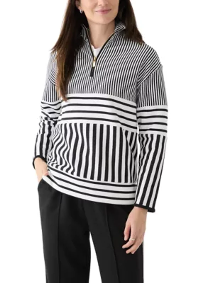Petite Long Sleeve Half Zip Mock Neck Top with Contrast Trim