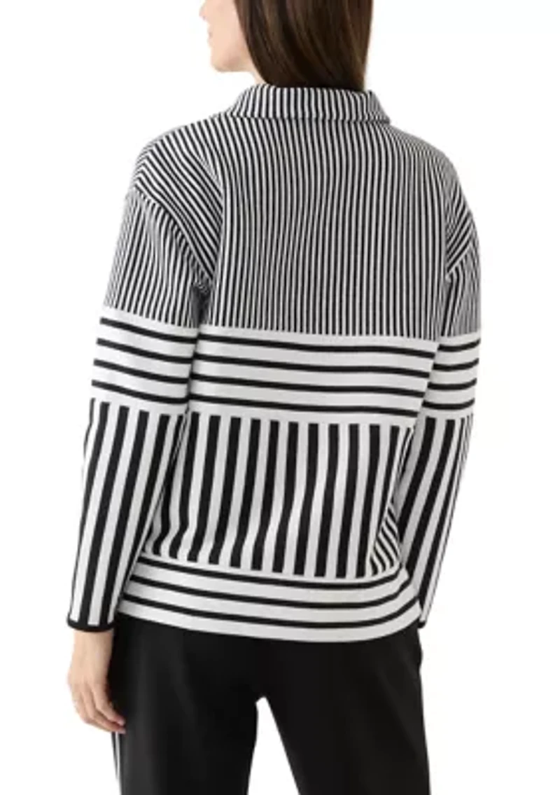 Petite Long Sleeve Half Zip Mock Neck Top with Contrast Trim