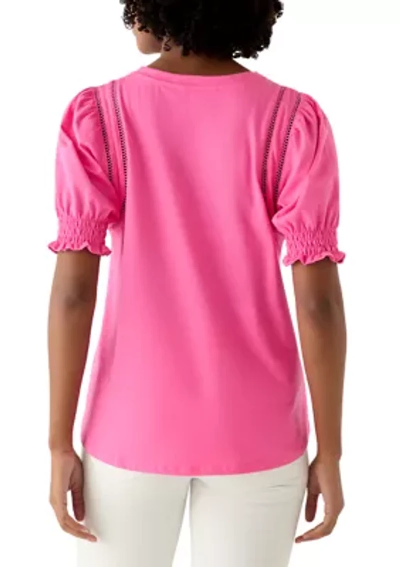 Women's Short Puff Sleeve Crew Neck Top