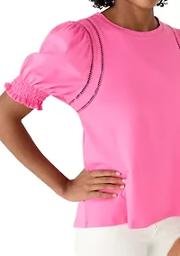 Women's Short Puff Sleeve Crew Neck Top