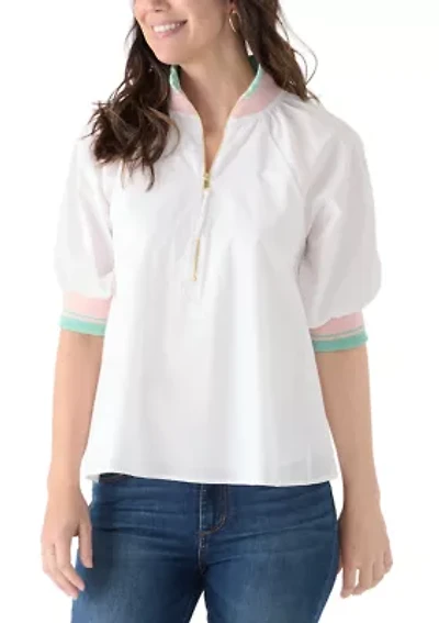 Women's Puff Sleeve Collar Zip Up Striped Top