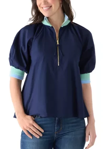 Women's Puff Sleeve Collar Zip Up Striped Top