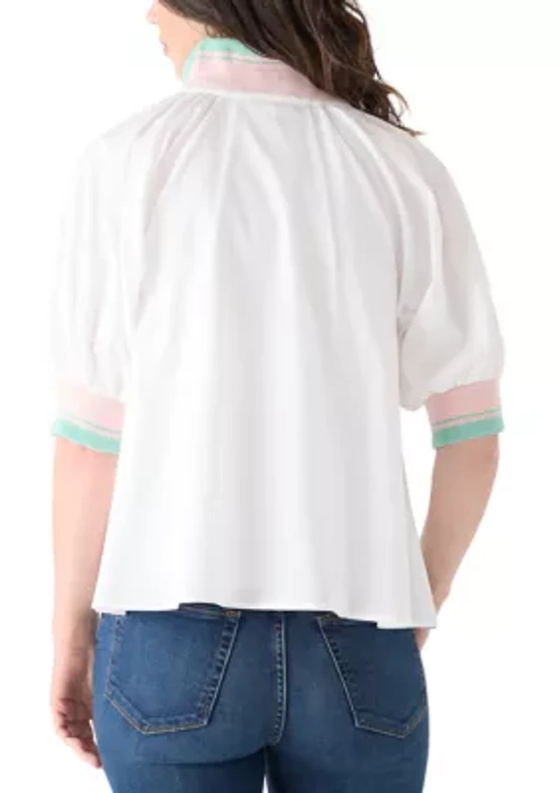 Women's Puff Sleeve Collar Zip Up Striped Top