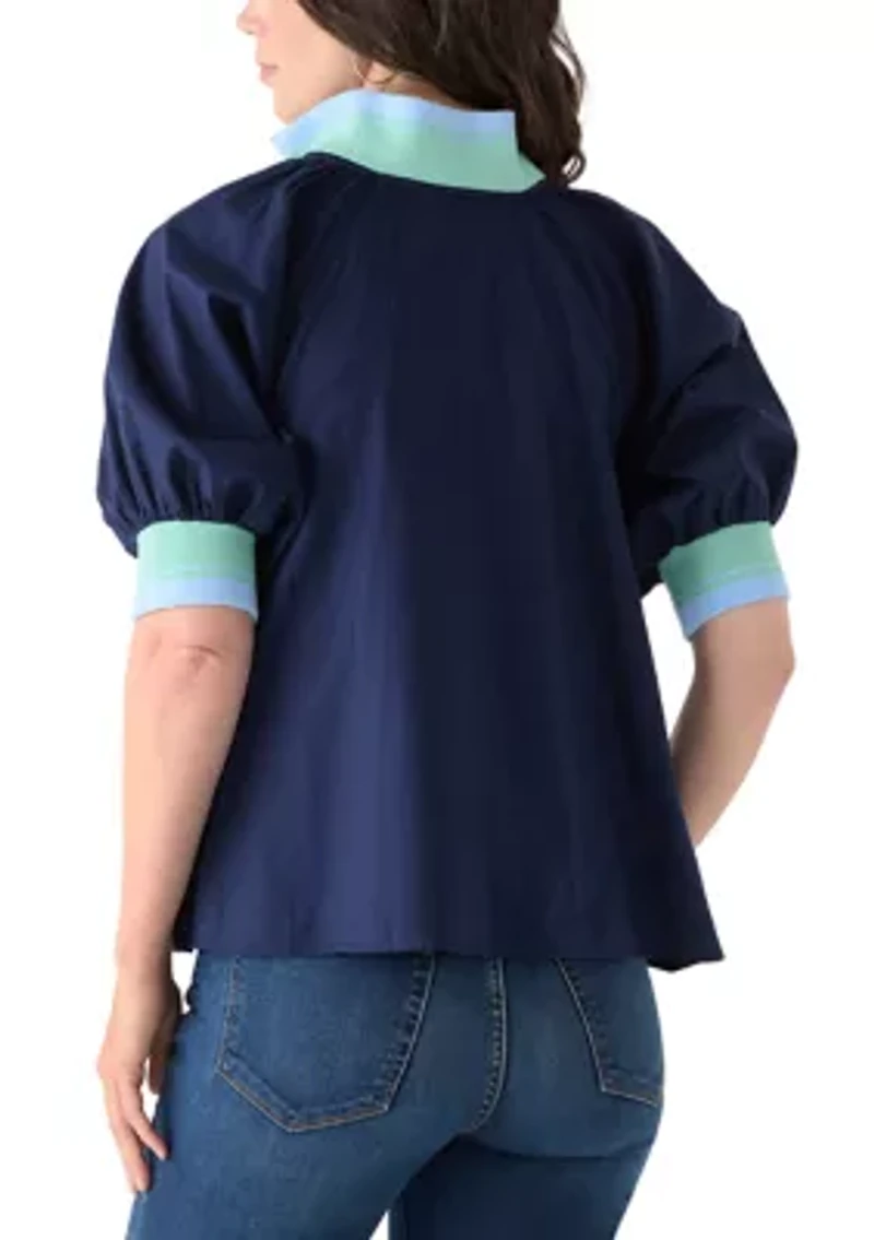 Women's Puff Sleeve Collar Zip Up Striped Top