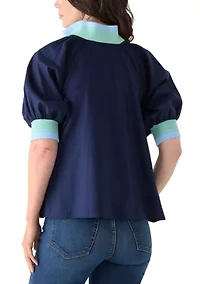 Women's Puff Sleeve Collar Zip Up Striped Top