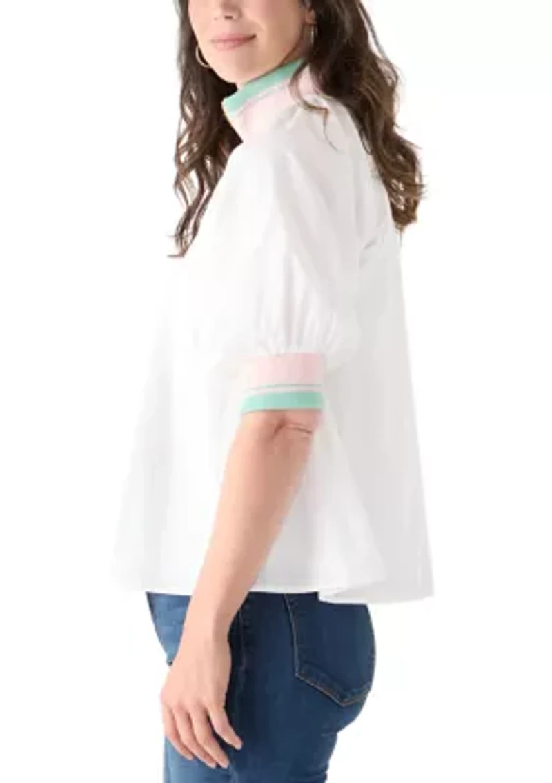 Women's Puff Sleeve Collar Zip Up Striped Top