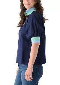 Women's Puff Sleeve Collar Zip Up Striped Top