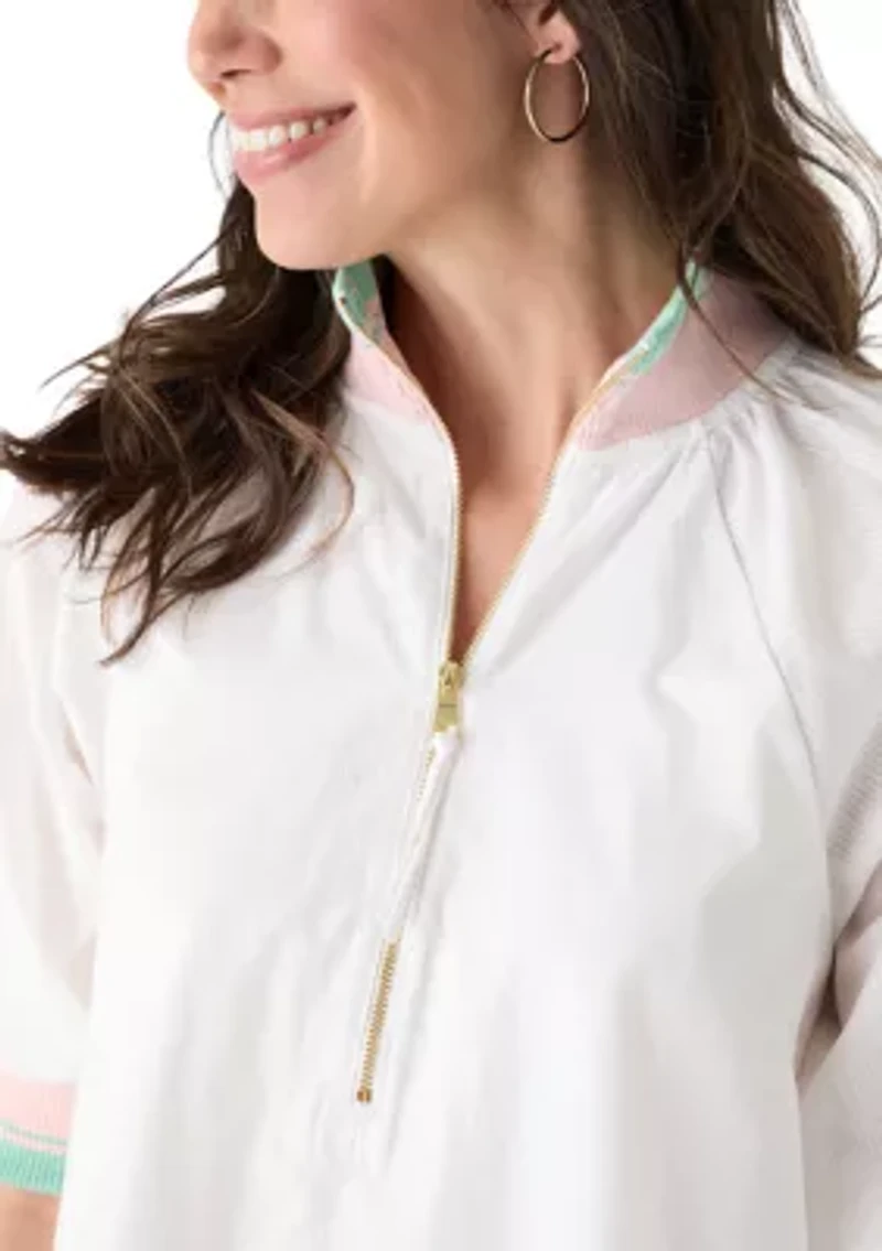 Women's Puff Sleeve Collar Zip Up Striped Top