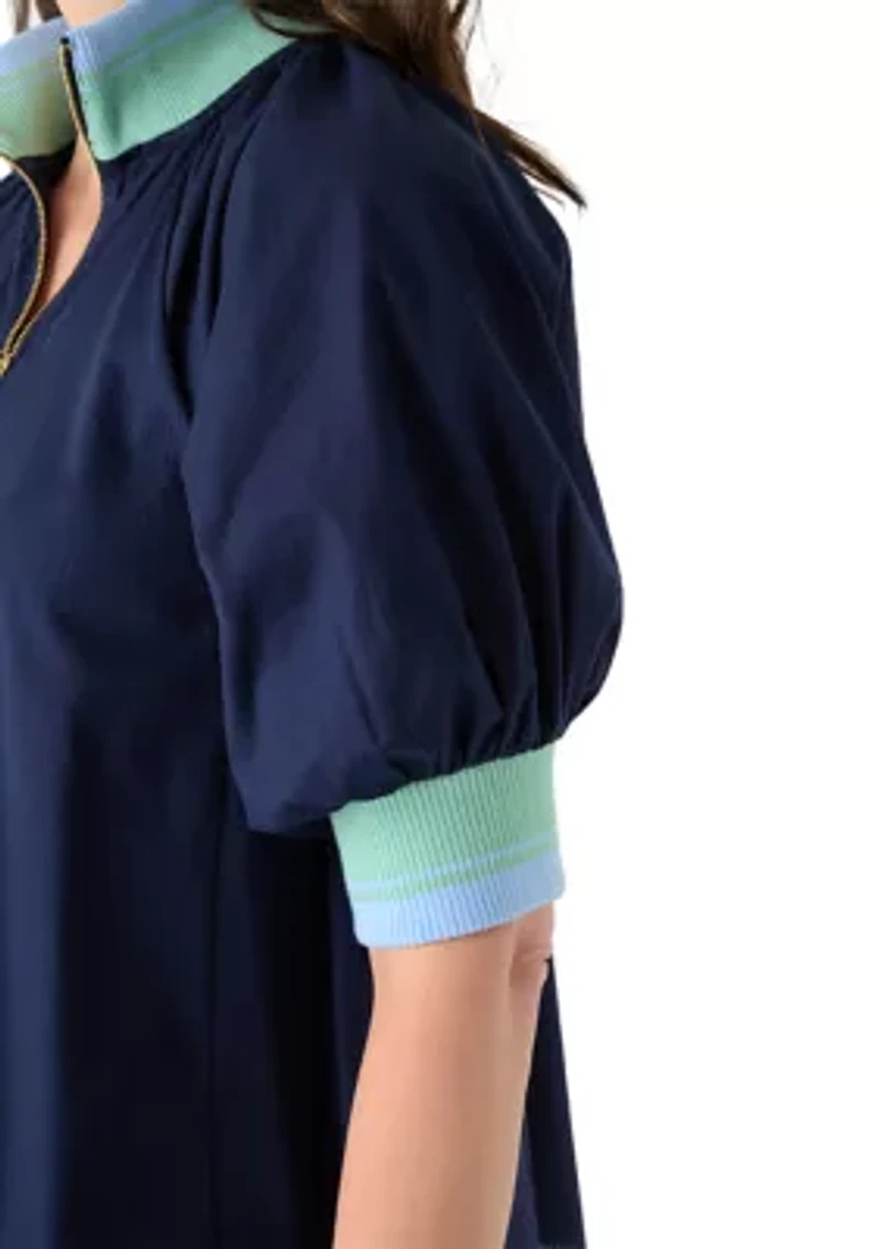 Women's Puff Sleeve Collar Zip Up Striped Top