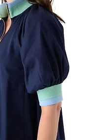 Women's Puff Sleeve Collar Zip Up Striped Top