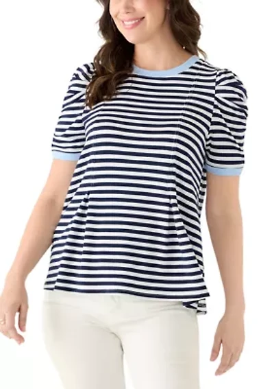 Women's Short Puff Sleeve Pleated Striped Top