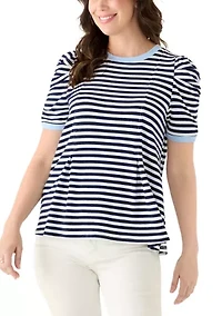 Women's Short Puff Sleeve Pleated Striped Top