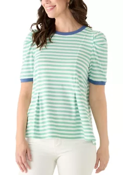 Women's Short Puff Sleeve Pleated Striped Top