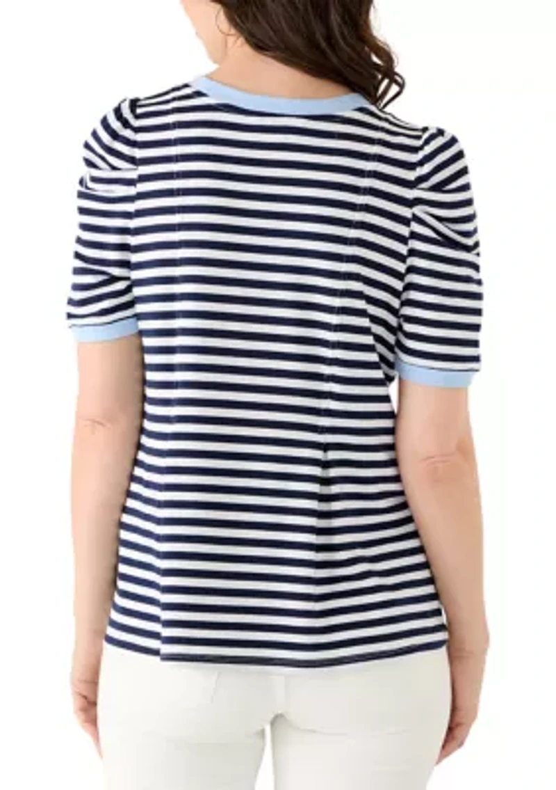 Women's Short Puff Sleeve Pleated Striped Top