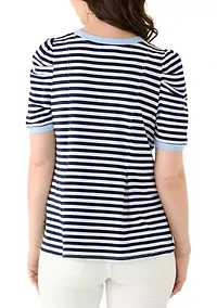 Women's Short Puff Sleeve Pleated Striped Top