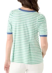 Women's Short Puff Sleeve Pleated Striped Top