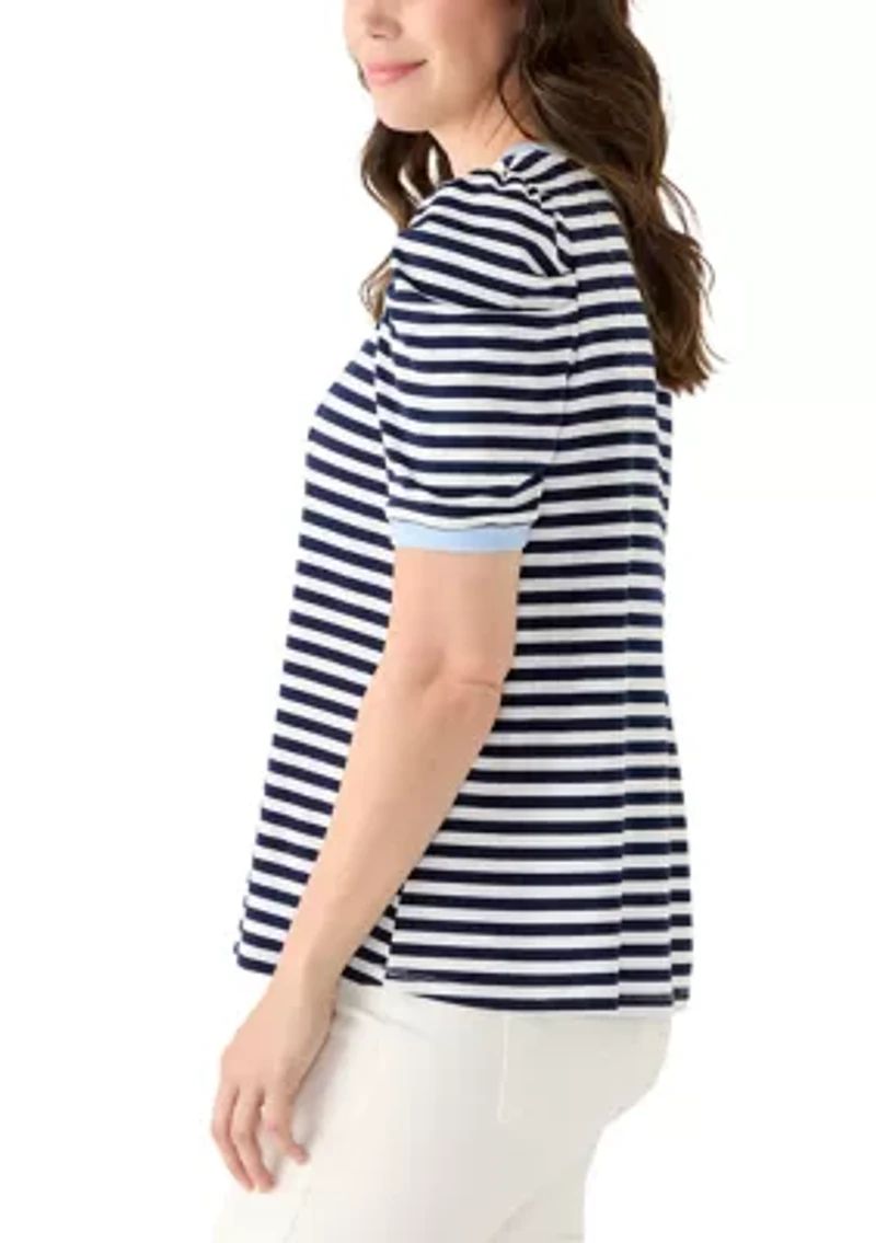 Women's Short Puff Sleeve Pleated Striped Top