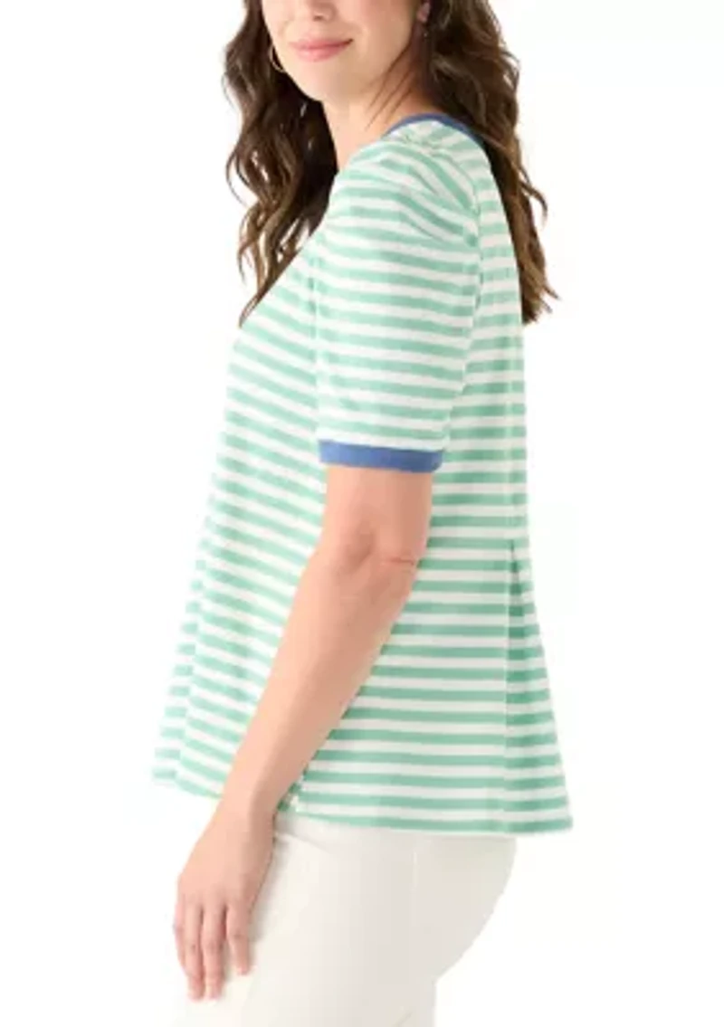 Women's Short Puff Sleeve Pleated Striped Top