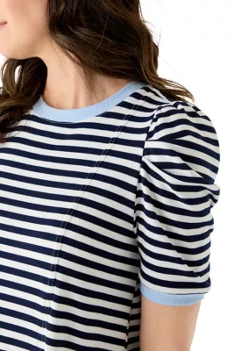 Women's Short Puff Sleeve Pleated Striped Top