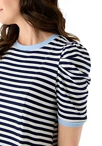 Women's Short Puff Sleeve Pleated Striped Top