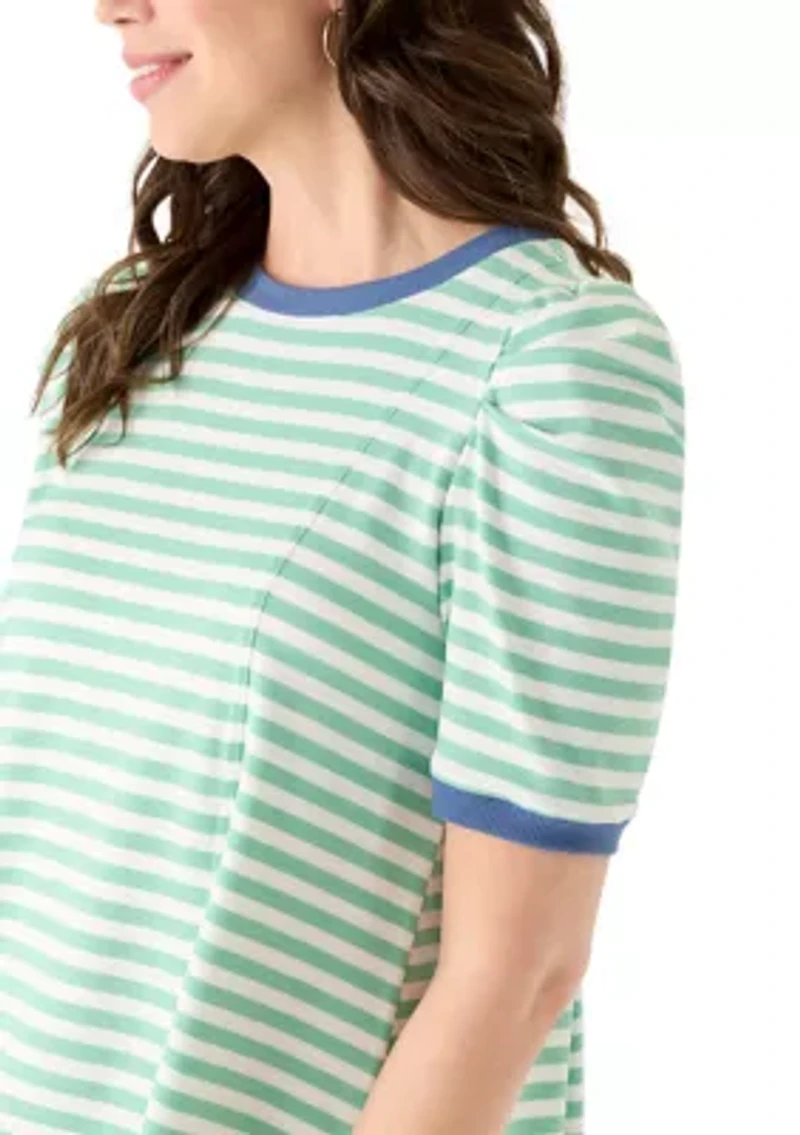 Women's Short Puff Sleeve Pleated Striped Top