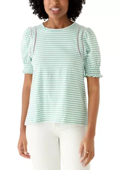Women's Short Puff Sleeve Crew Neck Striped Top