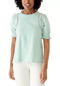 Women's Short Puff Sleeve Crew Neck Striped Top