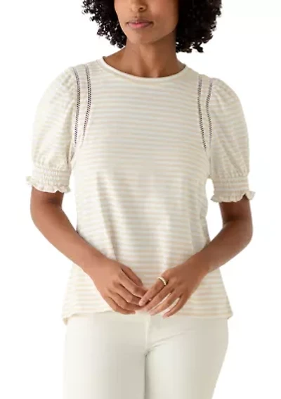 Women's Short Puff Sleeve Crew Neck Striped Top