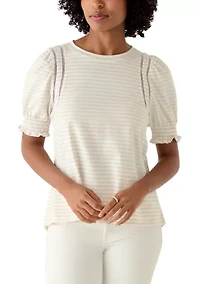 Women's Short Puff Sleeve Crew Neck Striped Top