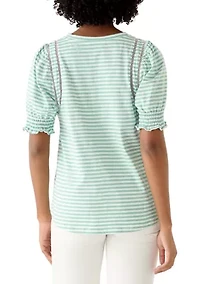 Women's Short Puff Sleeve Crew Neck Striped Top